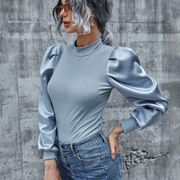 Bellanblue Tops - Boho Baby Blue Ribbed long sleeve puff top Satin Minimalist